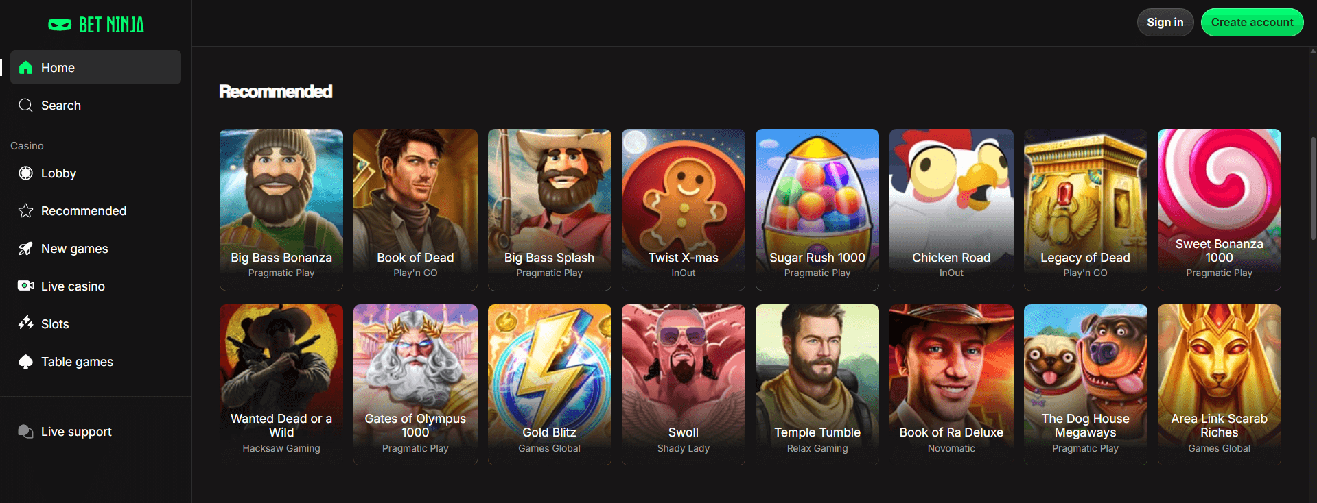 Betninja casino page showing recommended online pokies and site navigation